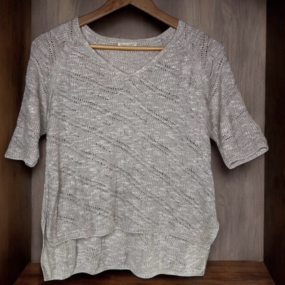 Eileen Fisher Short Sleeve Linen Knit Hi Low Sweater Metallic Cream